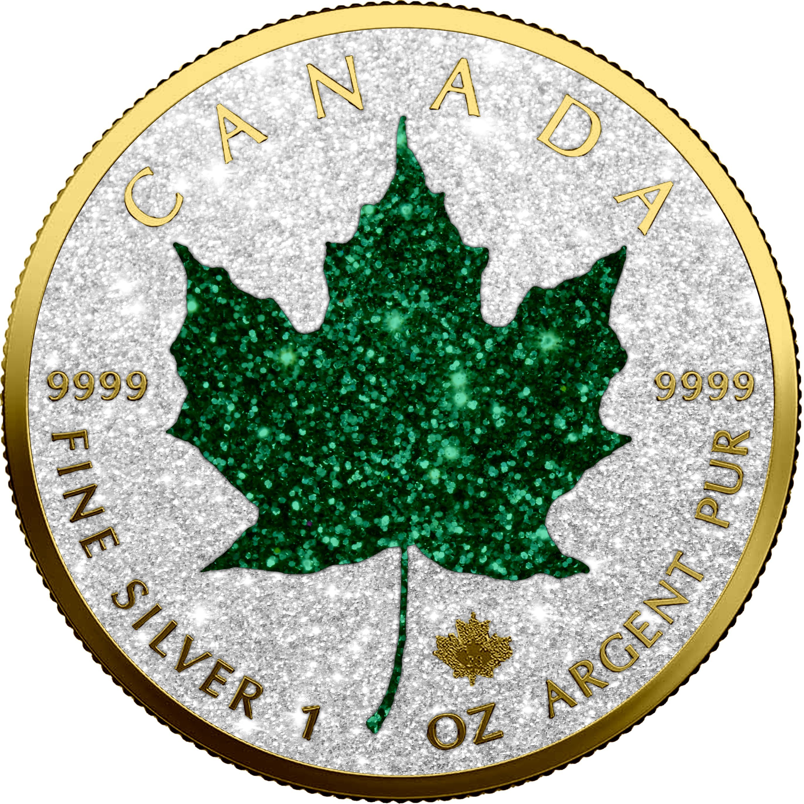 1 Unze Silber Maple Leaf 2023 Iced Out Gold Smaragd (Auflage 50